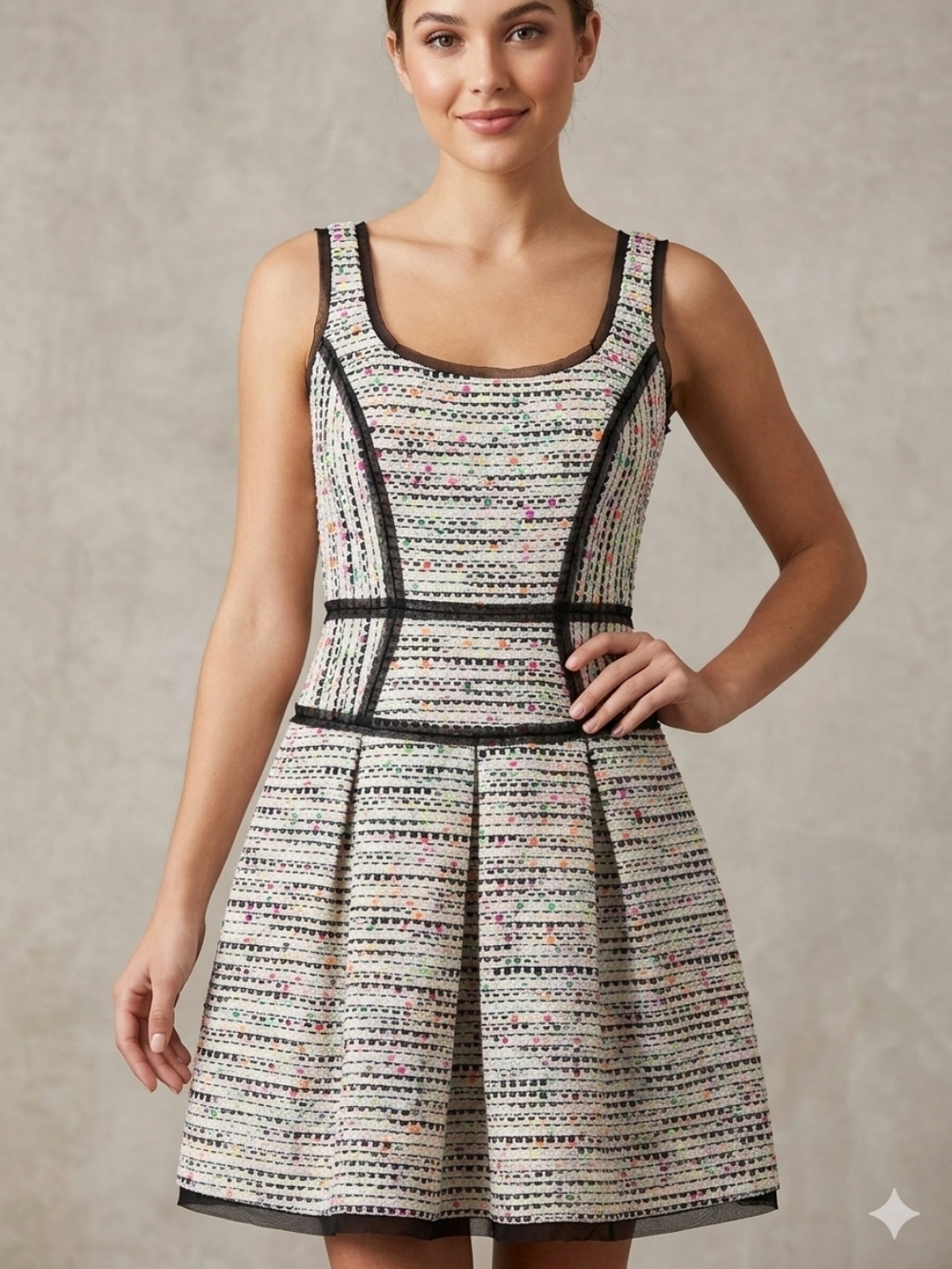 Milly Neon Multi-Color Tweed Mesh Trim Fit & Flare Dress, Size 4